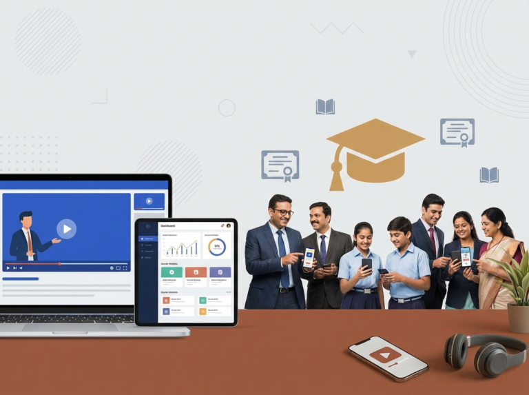 Online course platform interface showing video lessons, student dashboard, and mobile learning for Indian creators