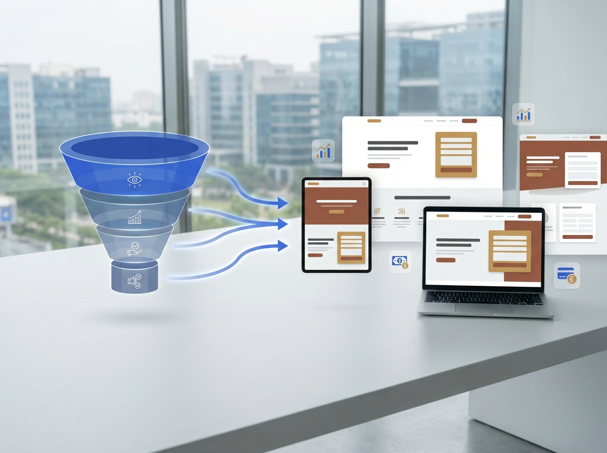 Sales funnel visualization showing conversion stages from awareness to purchase with landing pages and analytics for Indian businesses